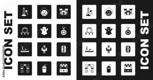 Set Castle, Ghost, Roller coaster, Striker attraction with hammer, Unicycle or one wheel bicycle, Clown head, Hotdog sandwich and Bumper car icon. Vector