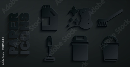 Set Trash can, Brush for cleaning, Vacuum cleaner, Bucket, Sponge and Bottle agent icon. Vector