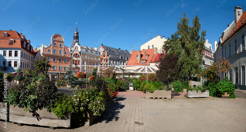 Livu square in Riga, Latvia in Summer. Panoramic banner image. The square was once a riverbed.