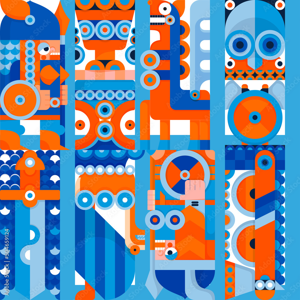 Orange and blue nordic valkyrie seamless pattern