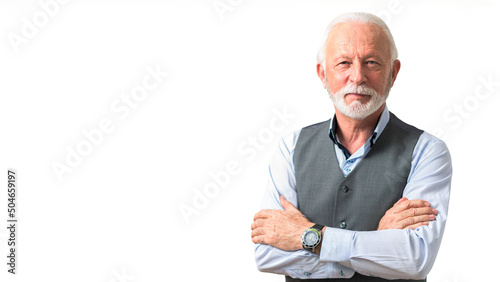 Portrait of smiling confident older business man or successful company owner with short stylish beard looking straight at the camera. Copy space