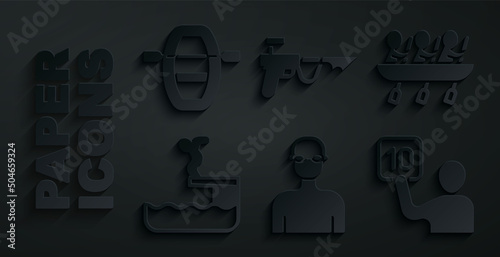 Set Swimmer, Canoe rowing team sports, diving into pool, Assessment of judges, Fishing harpoon and Boat with oars icon. Vector