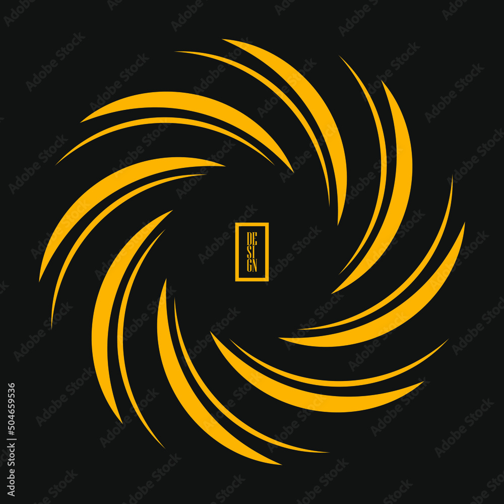 Yellow oblique curved stripes in round form. Geometric art. Gray background. Design element for logo, sign, symbol, web, prints, template and textile pattern Yellow oblique curved stripes in round form. Geometric art. Gray background. Design element for logo, sign, symbol, web, prints, template and textile pattern