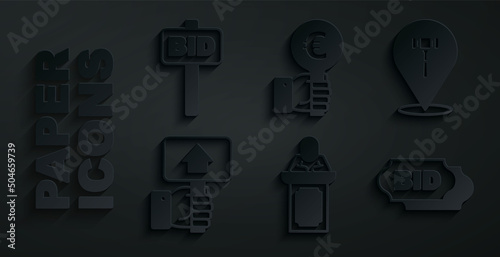 Set Auction auctioneer sells, hammer, Hand holding paddle, Bid, and icon. Vector