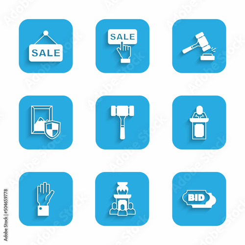 Set Auction hammer, ancient vase, Bid, auctioneer sells, Hand holding, painting, and Price tag with Sale icon. Vector