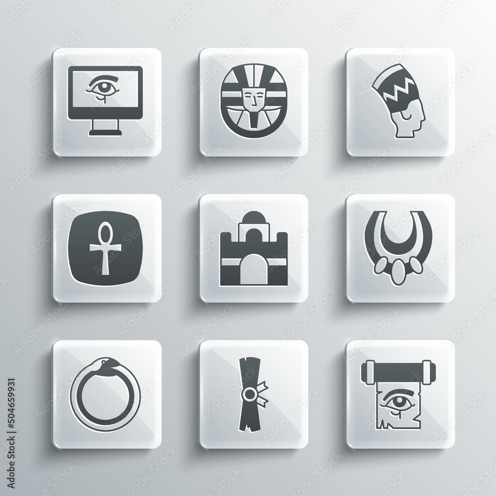 Set Papyrus scroll, Eye of Horus on papyrus, Egyptian necklace, house, Magic symbol Ouroboros, Cross ankh, monitor and Nefertiti icon. Vector