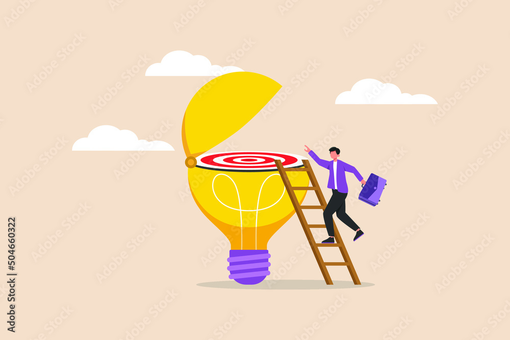 Businessman with suitcase walk up stair to reach target lamp. Business goal to profit. Flat vector illustration isolated.