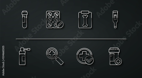 Set line Test tube with blood, Bottle nozzle spray, Medical digital thermometer, Cross hospital medical, Magnifying glass for search, Pills blister pack, Medicine bottle and X-ray shots icon. Vector