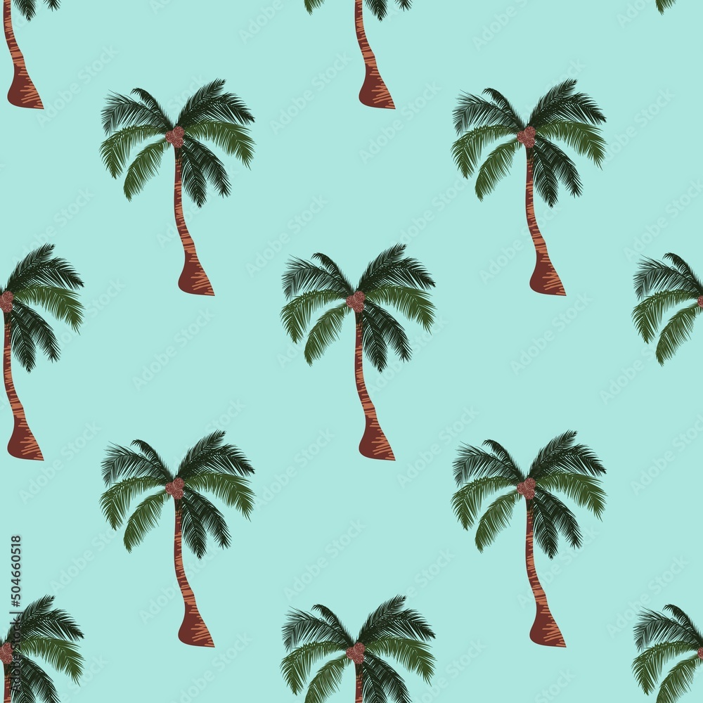 Seamless pattern with palm trees on blue background. Summer pattern with palm trees. For textile, wrapping paper, packaging. Vector pattern.