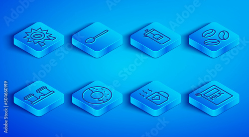 Set line Medal for coffee, Spoon, French press, Donut with sweet glaze, Coffee cup and heart, beans, to go and Paper package milk icon. Vector