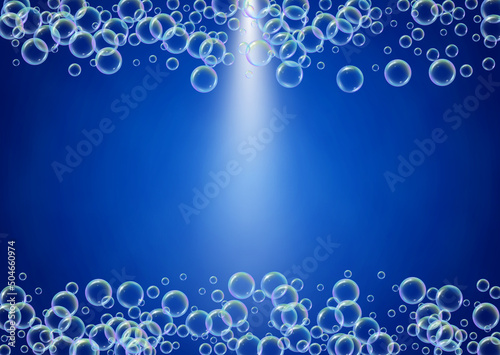 Soap cleaning foam background. Shampoo bubbles and suds. Rainbow fizz and splash. Realistic water frame and border. Blue 3d vector illustration design. colorful liquid soap cleaning.