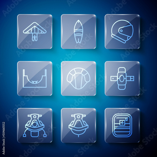 Set line Snowmobile, Jet ski, First aid kit, Helmet, Parachute, Skate park, Hang glider and Knee pads icon. Vector