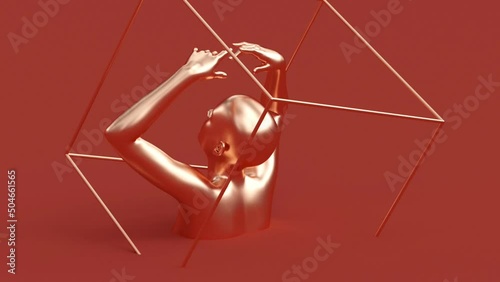 Modern minimal trendy surreal 3d render illustration, posing attractive mannequin model, human young character statue, shiny metallic elegant pretty woman, rotating futuristic copper bust