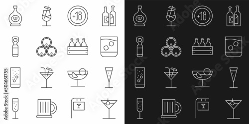 Set line Martini glass, Glass of champagne, whiskey, Alcohol 18 plus, Wooden barrels, Bottle opener, cognac or brandy and Bottles wine wooden box icon. Vector
