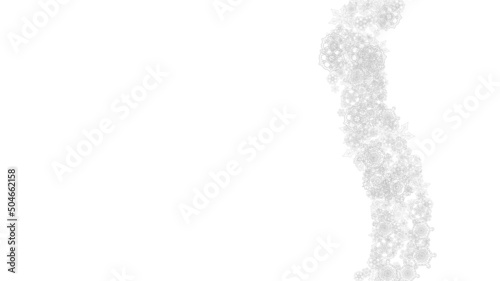 Snowflakes falling on white background. Horizontal Christmas and Happy New Year theme. Silver falling snowflakes for banner, gift card, party invitation, partner compliment and special business offers