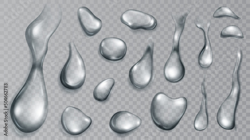 Set of realistic translucent water drops in gray colors in various shape and size, isolated on transparent background. Transparency only in vector format