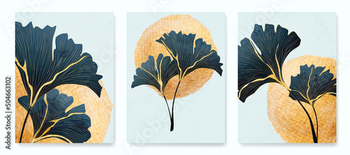 Art background with ginkgo leaves in golden line with kintsugi cracks in Japanese style. Botanical poster with watercolor leaves in art line style for decor, design, wallpaper, packaging photo
