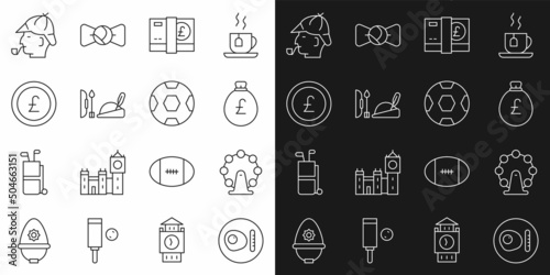 Set line British breakfast, London eye, Money bag with pound, Pound sterling money, Robin hood hat, Coin, Sherlock Holmes and Football ball icon. Vector