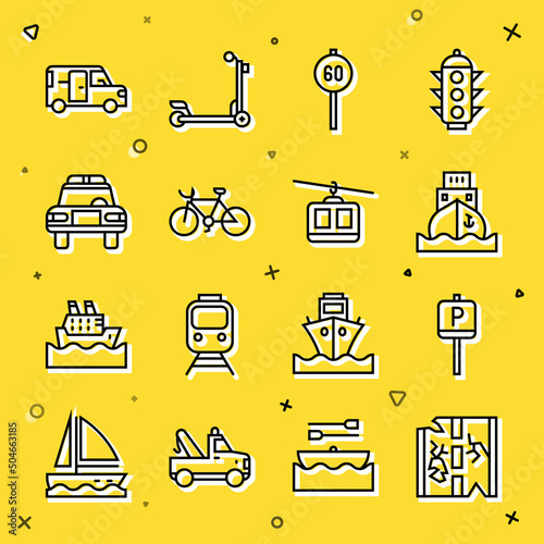 Set line Broken road, Parking, Cargo ship, Speed limit traffic, Bicycle, Police car and flasher, Minibus and Cable icon. Vector