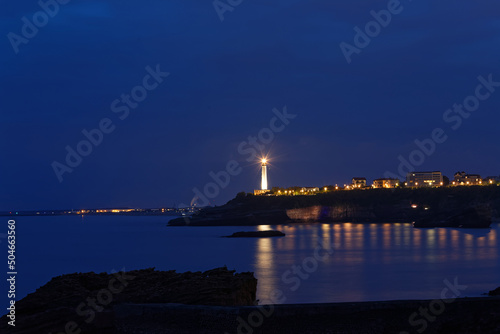 The night view of Anget-Biarritz lighthouse, France.