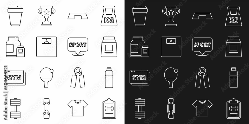 Set line Sport training program, Fitness shaker, Sports nutrition, Step platform, Bathroom scales, and Location gym icon. Vector Set line Sport training program, Fitness shaker, Sports nutrition, Step platform, Bathroom scales, and Location gym icon. Vector