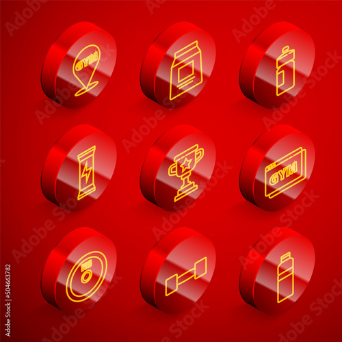 Set line Location gym, Sports nutrition, Fitness shaker, Award cup, Online fitness and training, Weight plate and Dumbbell icon. Vector