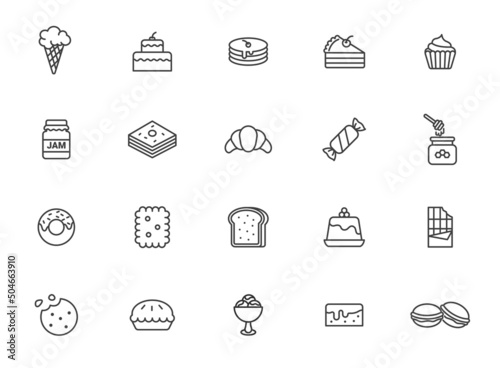 Dessert vector pastry line icon set. Cake sweet food bakery candy waffle cookie pie chocolate croissant bisquit symbol