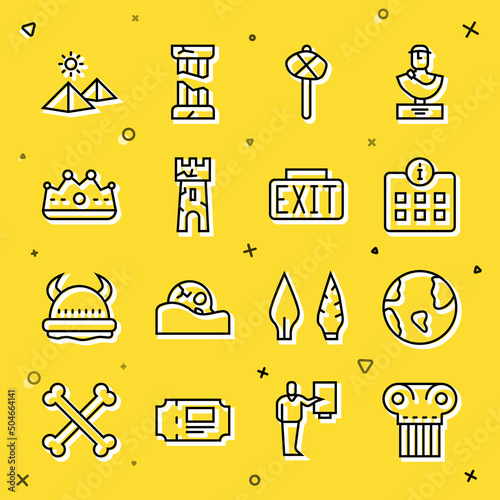 Set line Ancient column, Earth globe, Information, Stone age hammer, Castle tower, King crown, Egypt pyramids and Exit sign icon. Vector