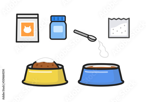 Icon set of mix the medicine with cat food in the bowl. Vector illustration isolated on white background.