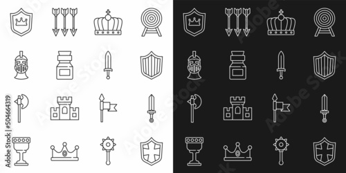 Set line Shield, Medieval sword, King crown, Poison bottle, iron helmet, with and icon. Vector