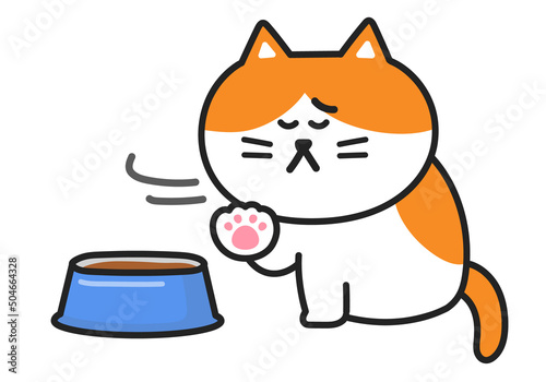 Cartoon tabby can not eat wet food in the cat bowl, vector illustration.