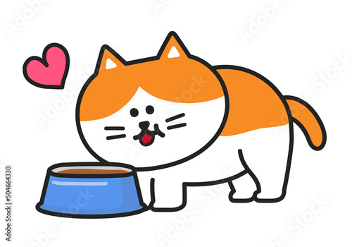 Tabby cat happily has delicious pasty food from a bowl, vector illustration.