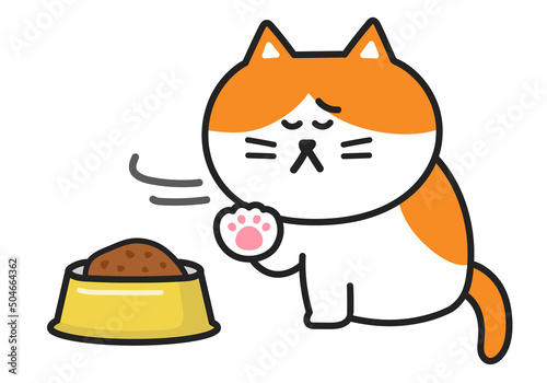 The cartoon tabby cat has no appetite and a cat bowl. Vector illustration isolated on a white background.