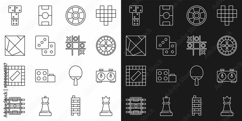 Set line Chess, Time chess clock, Casino roulette wheel, chip, Game dice, Rubik cube, Domino and Tic tac toe game icon. Vector Set line Chess, Time chess clock, Casino roulette wheel, chip, Game dice, Rubik cube, Domino and Tic tac toe game icon. Vector