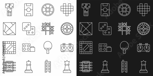 Set line Chess, Time chess clock, Casino roulette wheel, chip, Game dice, Rubik cube, Domino and Tic tac toe game icon. Vector
