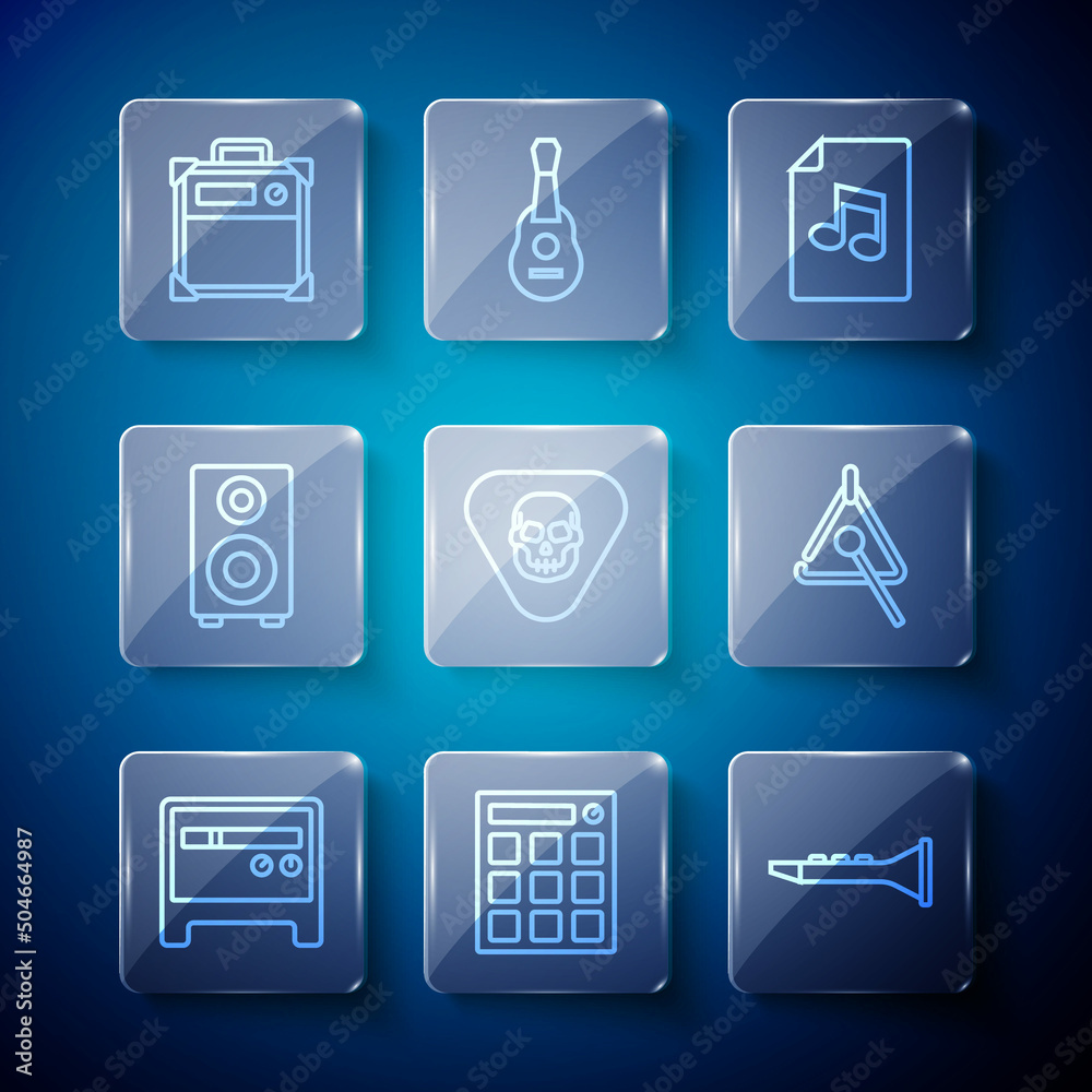 Set line Guitar amplifier, Drum machine, Clarinet, Music book with note, pick, Stereo speaker, and Triangle icon. Vector Set line Guitar amplifier, Drum machine, Clarinet, Music book with note, pick, Stereo speaker, and Triangle icon. Vector