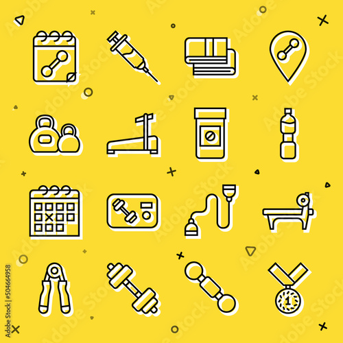 Set line Medal, Bench with barbel, Bottle of water, Towel stack, Treadmill machine, Kettlebell, Calendar fitness and Anabolic drugs icon. Vector
