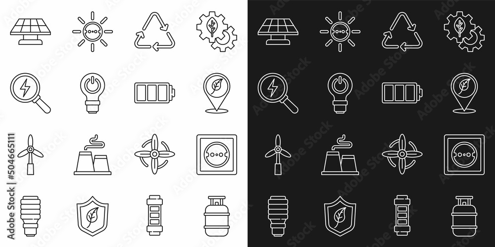 Set line Propane gas tank, Electrical outlet, Location with leaf, Recycle symbol, Light bulb lightning, Lightning bolt, Solar energy panel and Battery icon. Vector