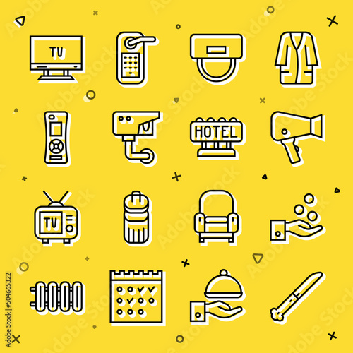 Set line Knife, Paying tips, Hair dryer, Bellboy hat, Security camera, Remote control, Smart Tv and Signboard with text Hotel icon. Vector