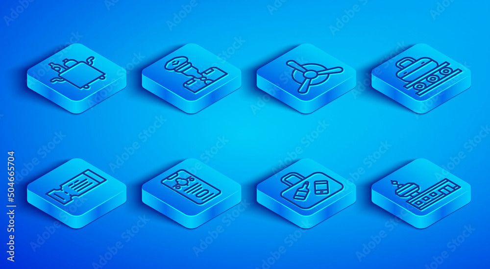 Set line Trolley for food, Pilot, Plane propeller, Mobile with ticket, Suitcase, Conveyor belt suitcase, Airline and Airport control tower icon. Vector Set line Trolley for food, Pilot, Plane propeller, Mobile with ticket, Suitcase, Conveyor belt suitcase, Airline and Airport control tower icon. Vector