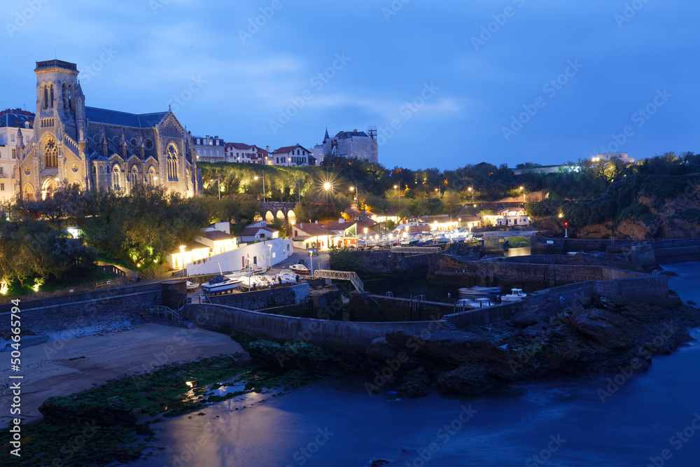 Landscape view of the port and seaside of Biarritz, Basque country, surrounded by rock formations