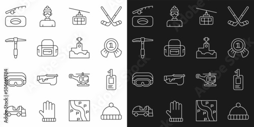 Set line Winter hat, Identification badge, Medal, Cable car, Sport bag, Ice axe, fishing and Award winner podium icon. Vector