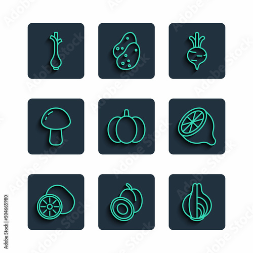 Set line Kiwi fruit, Plum, Onion, Beet, Pumpkin, Mushroom, Fresh green onions and Lemon icon. Vector