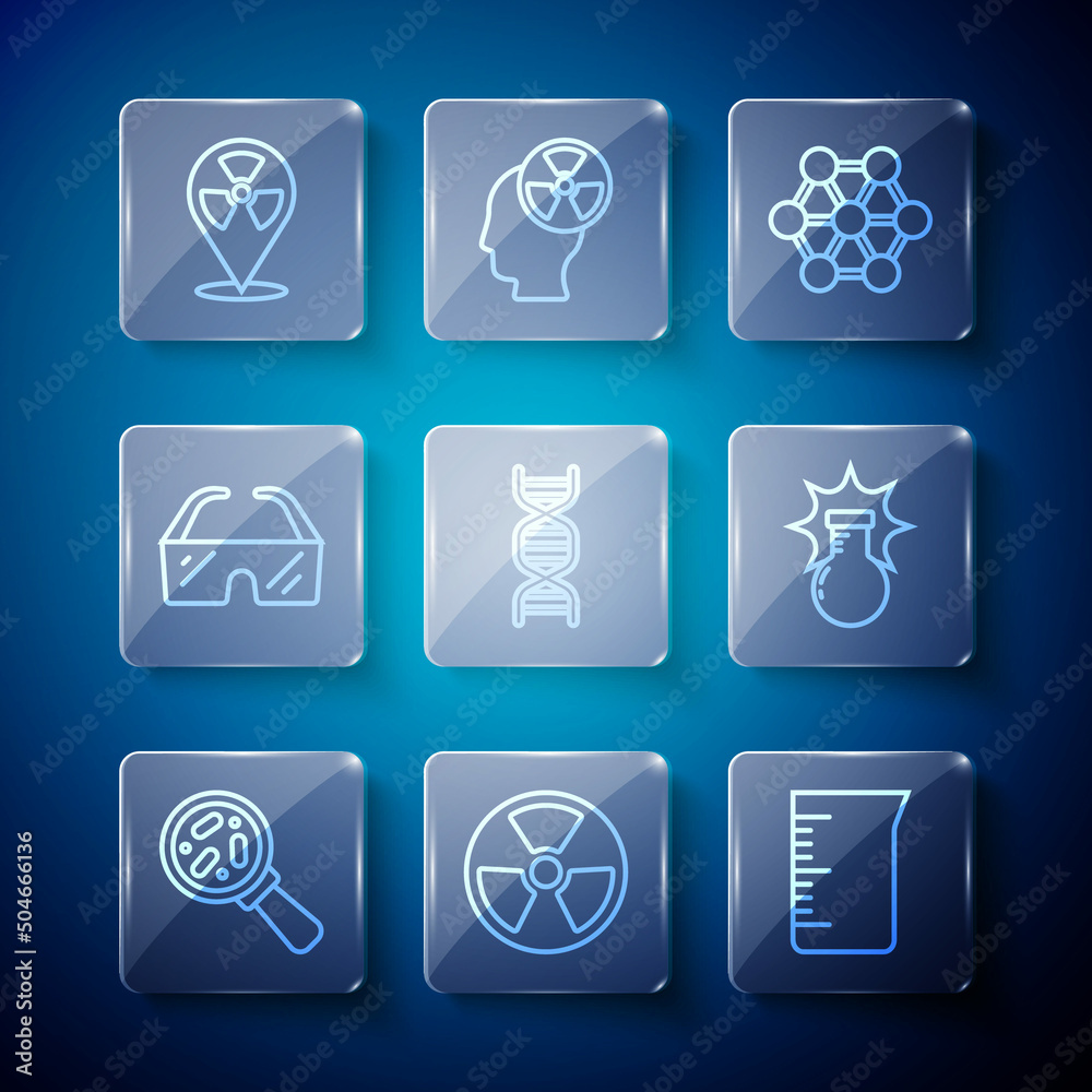 Set line Microorganisms under magnifier, Radioactive, Laboratory glassware beaker, Molecule, DNA symbol, Safety goggle glasses, in location and Chemical explosion icon. Vector