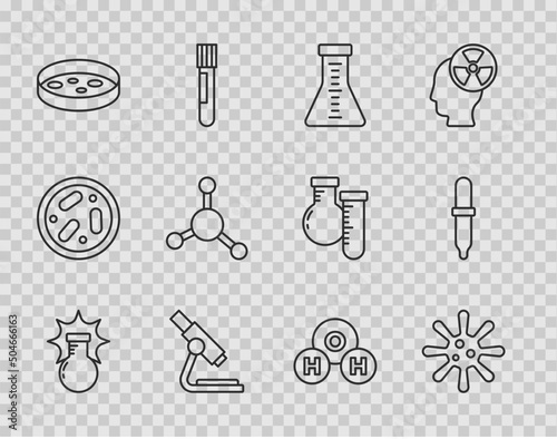 Set line Chemical explosion, Bacteria, Test tube and flask, Microscope, Petri dish with bacteria, Molecule, formula for H2O and Pipette icon. Vector