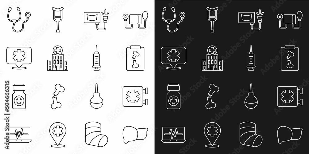 Set line Human organ liver, Medical symbol of the Emergency, X-ray shots, Ultrasound, hospital building, Stethoscope and Syringe icon. Vector