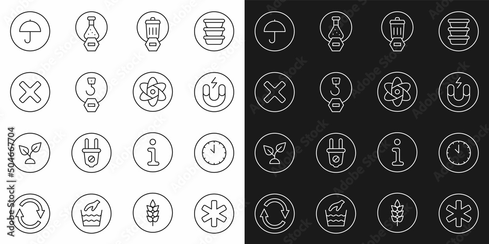 Set line Medical symbol of the Emergency, Clock, Magnet, Trash can, Industrial hook, X Mark, Cross in circle, Delivery package with umbrella and Test tube and flask icon. Vector