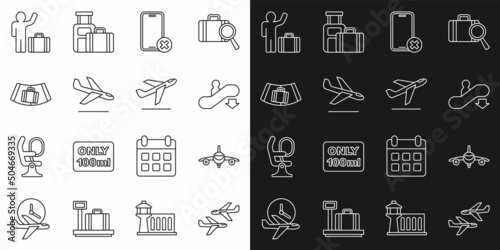 Set line Plane, Escalator down, No cell phone, landing, Conveyor belt with suitcase, Tourist and takeoff icon. Vector