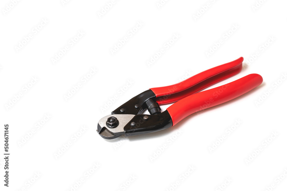 Wire rope cutter with red handles insulated on white background, tool for repair activities Wire rope cutter with red handles insulated on white background, tool for repair activities