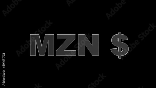 Mozambican metical or MZN currency symbol of Mozambique made with Glass - 3d Illustration, 3d rendering photo
